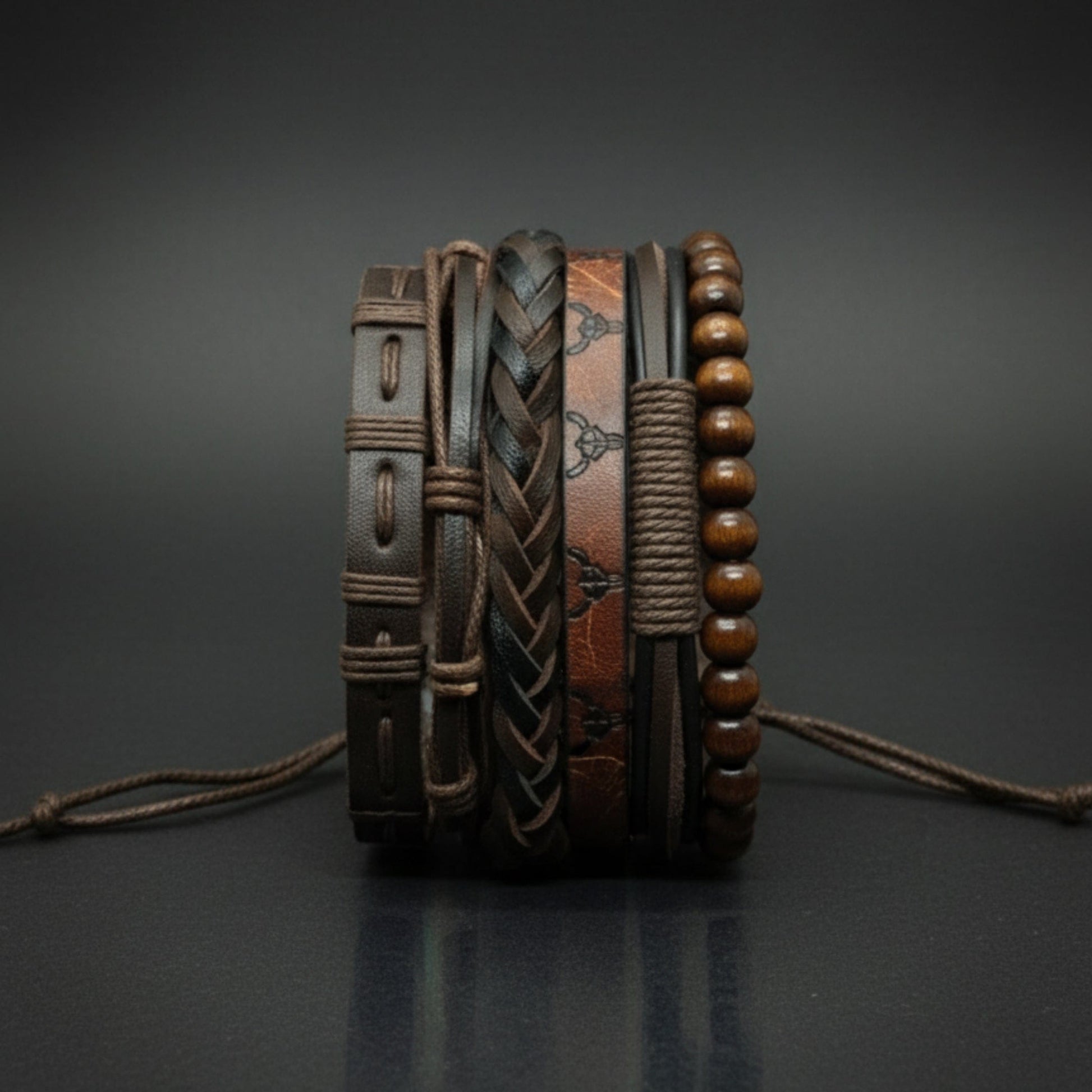 THE MEN THING Leather Bracelet FRONTIER BULL - 6 Pcs Genuine Leather Adjustable Bracelet Set for Men & Boys (8 inch)