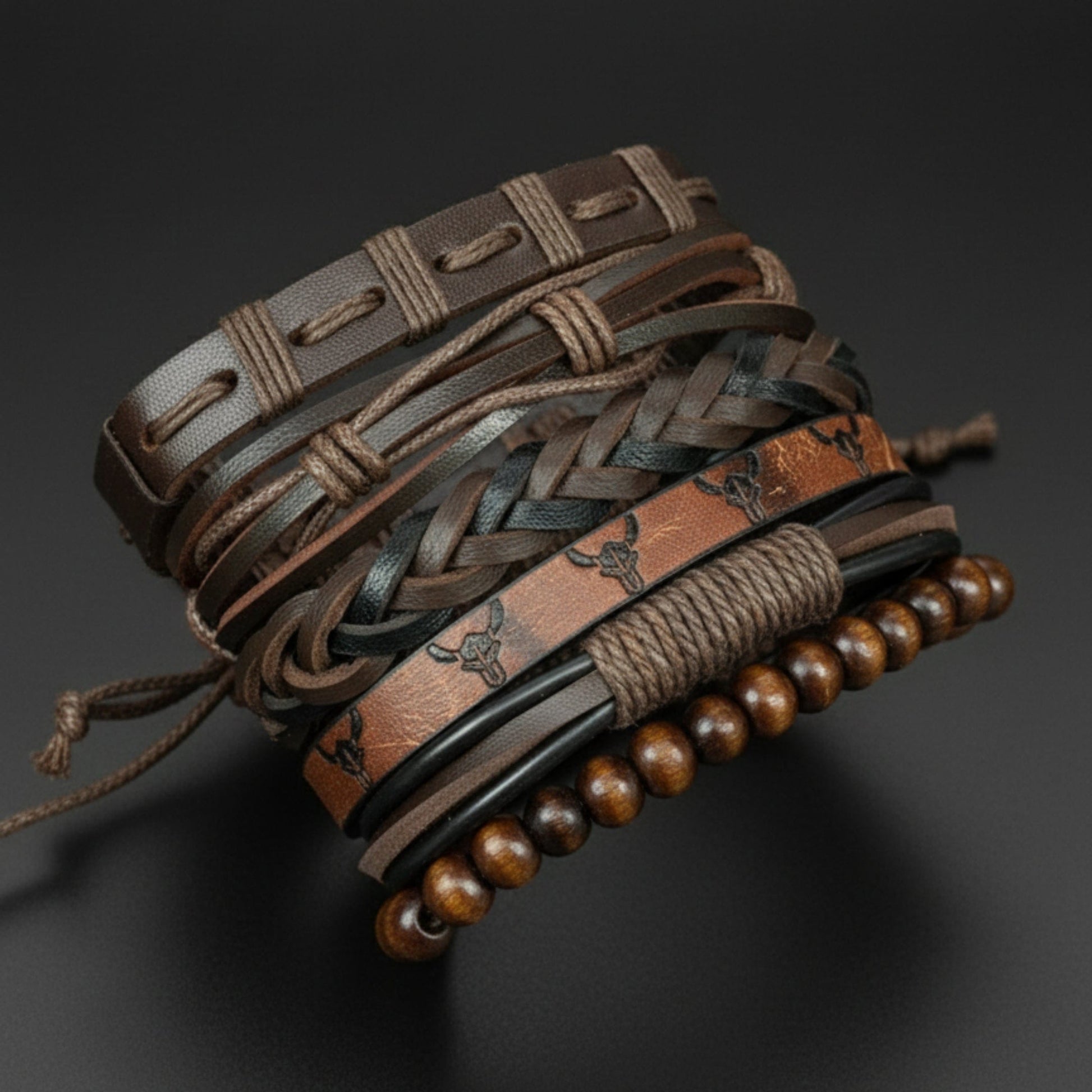 THE MEN THING Leather Bracelet FRONTIER BULL - 6 Pcs Genuine Leather Adjustable Bracelet Set for Men & Boys (8 inch)