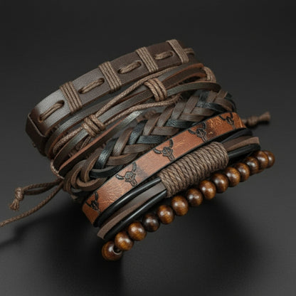 THE MEN THING Leather Bracelet FRONTIER BULL - 6 Pcs Genuine Leather Adjustable Bracelet Set for Men & Boys (8 inch)