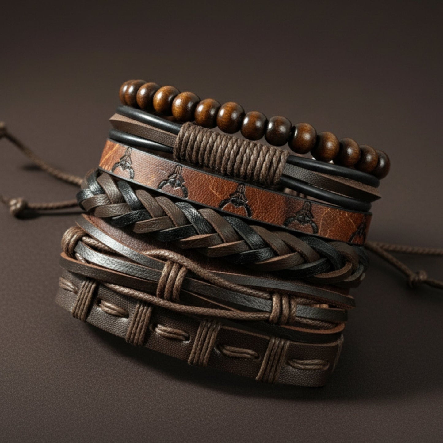 THE MEN THING Leather Bracelet FRONTIER BULL - 6 Pcs Genuine Leather Adjustable Bracelet Set for Men & Boys (8 inch)