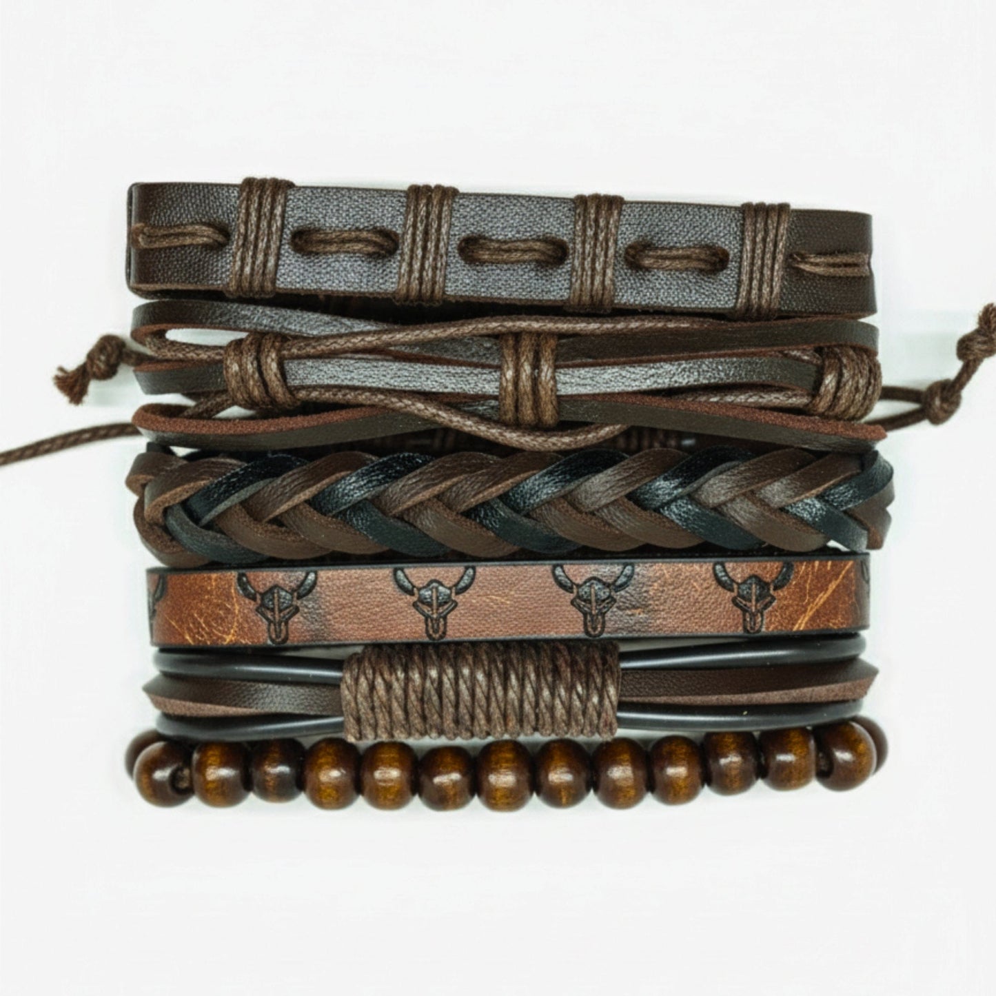 THE MEN THING Leather Bracelet FRONTIER BULL - 6 Pcs Genuine Leather Adjustable Bracelet Set for Men & Boys (8 inch)