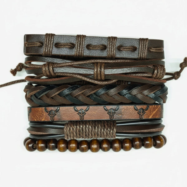 FRONTIER BULL - 6 Pcs Genuine Leather Adjustable Bracelet Set for Men & Boys (8 inch)
