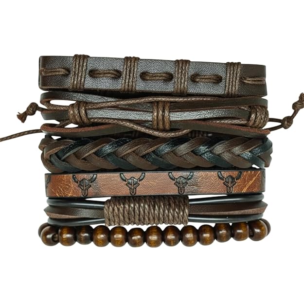 THE MEN THING Leather Bracelet FRONTIER BULL 6 Pcs Genuine Leather Adjustable Bracelet Set for Men & Boys (8 inch)