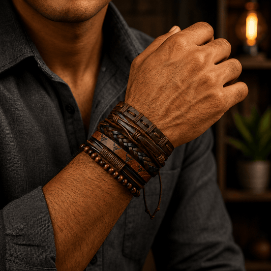 THE MEN THING Leather Bracelet FRONTIER BULL - 6 Pcs Genuine Leather Adjustable Bracelet Set for Men & Boys (8 inch)