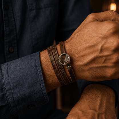 THE MEN THING Leather Bracelet FRONTIER WRAP BROWN - Genuine Braided Leather Bracelet Set for Men & Boys (8 inch)
