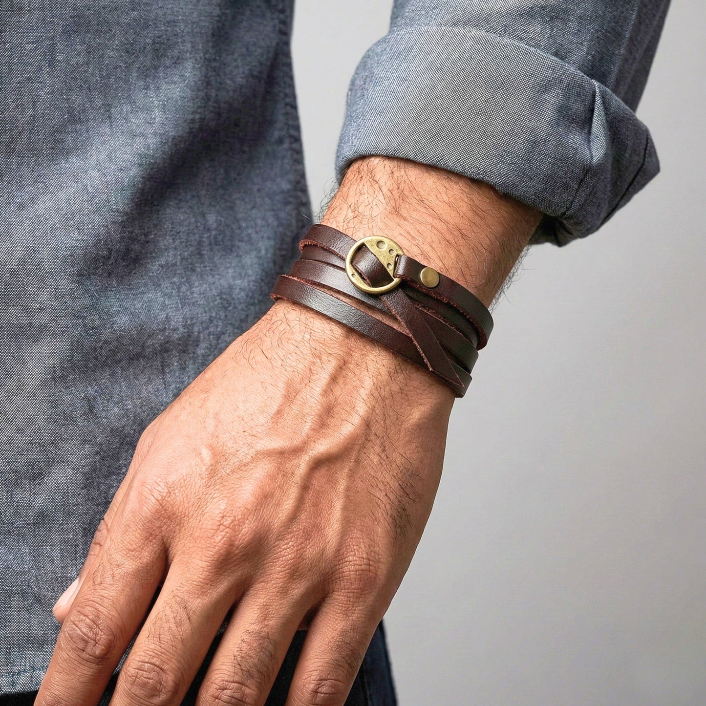THE MEN THING Leather Bracelet FRONTIER WRAP DARK BROWN - Genuine Braided Leather Bracelet Set for Men & Boys (8 inch)