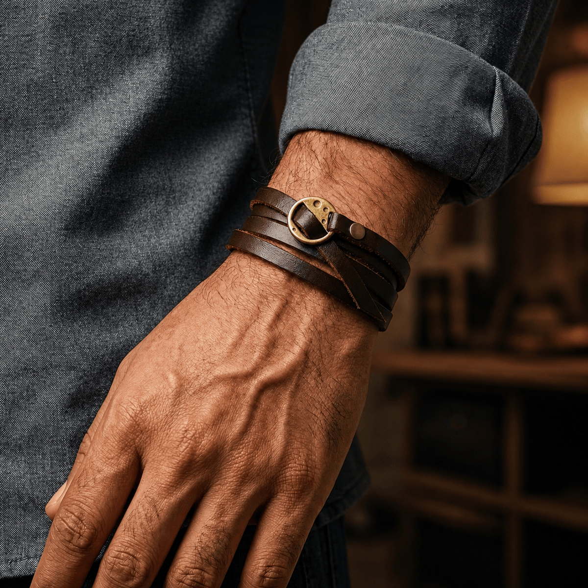 THE MEN THING Leather Bracelet FRONTIER WRAP DARK BROWN - Genuine Braided Leather Bracelet Set for Men & Boys (8 inch)