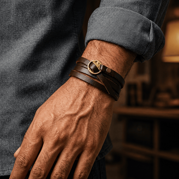 FRONTIER WRAP DARK BROWN - Genuine Braided Leather Bracelet Set for Men & Boys (8 inch)