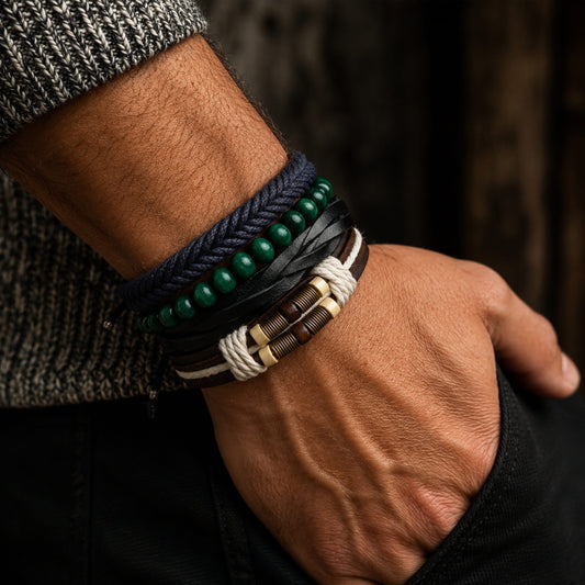 THE MEN THING Leather Bracelet FROSTBORN CUFF - 3 Pcs Genuine Braided Leather Bracelet Set for Men & Boys (8 inch)