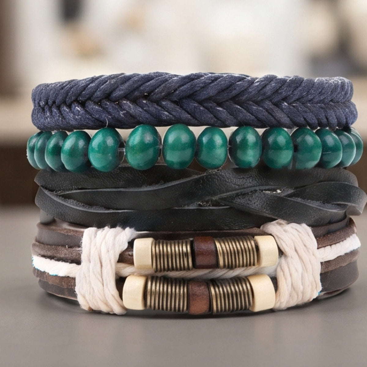 THE MEN THING Leather Bracelet FROSTBORN CUFF - 4 Pcs Genuine Braided Leather Bracelet Set for Men & Boys (8 inch)