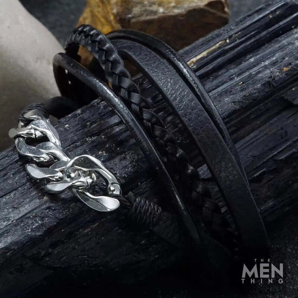 फ्यूज़न मिंगल ब्लैक - पुरुषों और लड़कों के लिए 100% स्टेनलेस स्टील मैग्नेटिक बकल के साथ स्टेनलेस स्टील ब्रेसलेट के साथ लेदर (8 इंच)