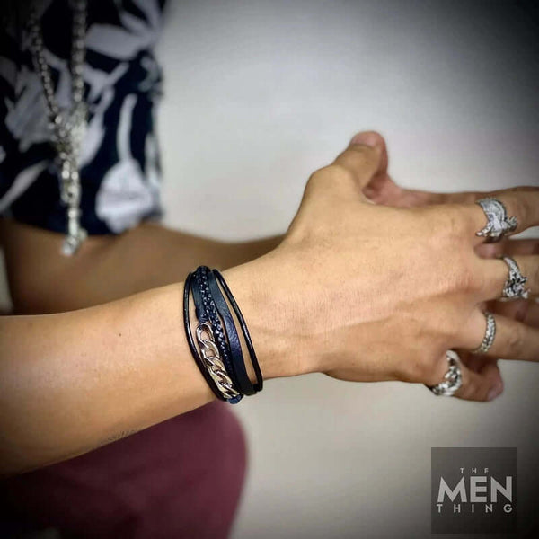 फ्यूज़न मिंगल ब्लैक - पुरुषों और लड़कों के लिए 100% स्टेनलेस स्टील मैग्नेटिक बकल के साथ स्टेनलेस स्टील ब्रेसलेट के साथ लेदर (8 इंच)