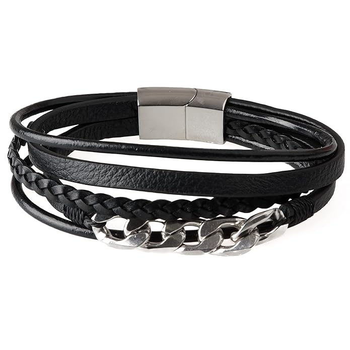 THE MEN THING Leather Bracelet FUSION MINGLE BLACK -  Leather with Stainless Steel Bracelet with 100% Stainless Steel Magnetic Buckle for Men & Boys (8 inch)