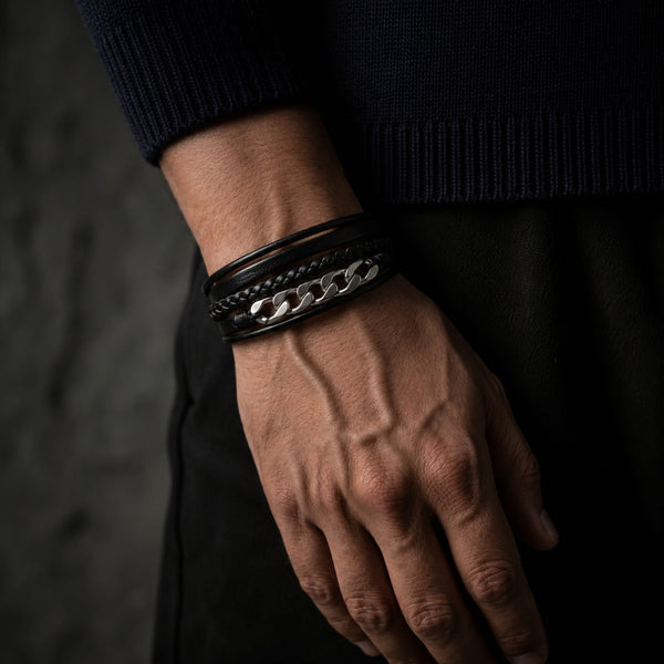 FUSION MINGLE BLACK -  Leather with Stainless Steel Bracelet with 100% Stainless Steel Magnetic Buckle for Men & Boys (8 inch)