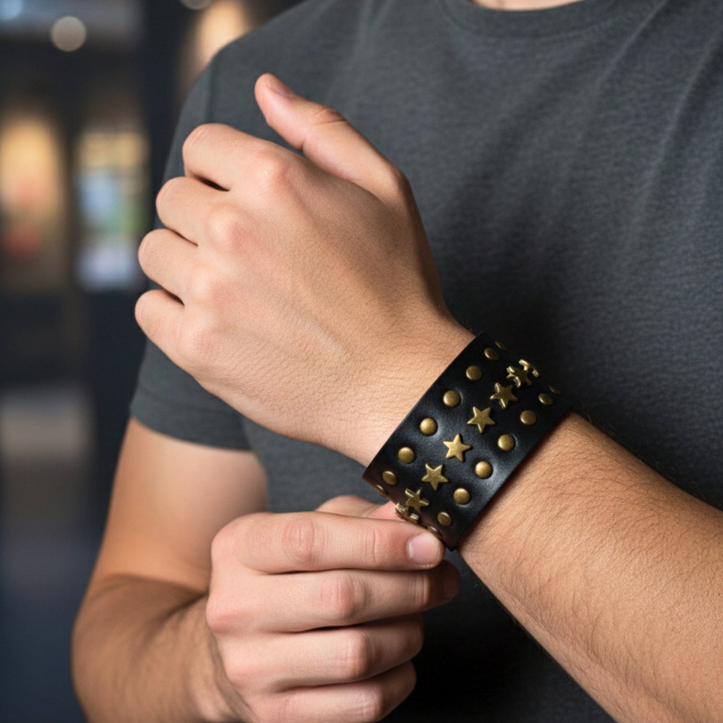 THE MEN THING Leather Bracelet GALAXY STAR - 40mm Genuine Leather Adjustable Bracelet for Men & Boys (8-9 inch)