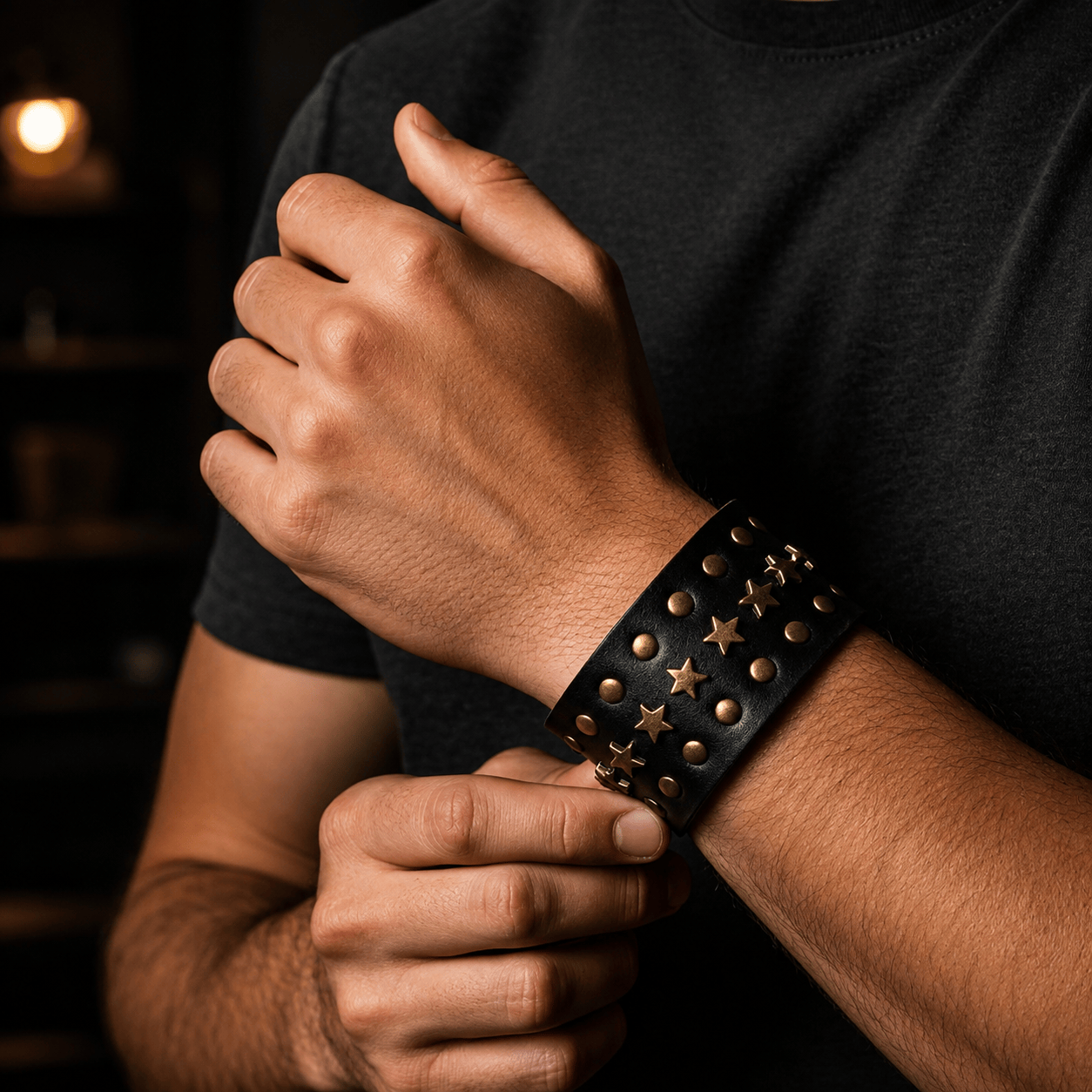 THE MEN THING Leather Bracelet GALAXY STAR - 40mm Genuine Leather Adjustable Bracelet for Men & Boys (8-9 inch)