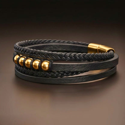 THE MEN THING Leather Bracelet GILDED ORBIT - 23mm Genuine Leather Multi-Layer Bracelet with Stainless Steel Magnetic Buckle for Men & Boys (8 inch)