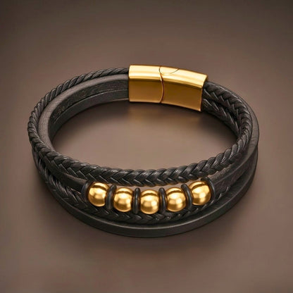 THE MEN THING Leather Bracelet GILDED ORBIT - 23mm Genuine Leather Multi-Layer Bracelet with Stainless Steel Magnetic Buckle for Men & Boys (8 inch)