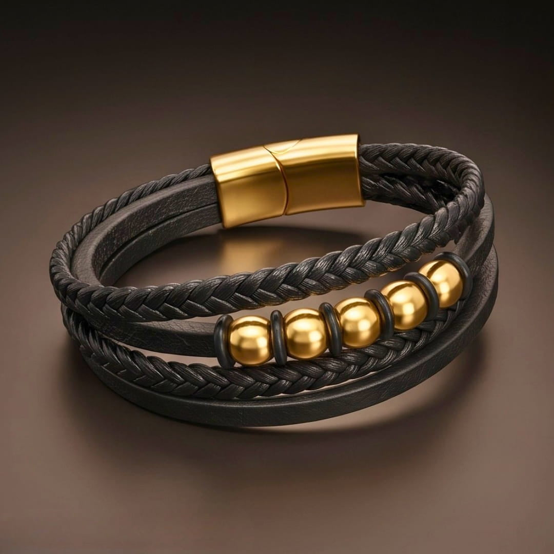 THE MEN THING Leather Bracelet GILDED ORBIT - 23mm Genuine Leather Multi-Layer Bracelet with Stainless Steel Magnetic Buckle for Men & Boys (8 inch)