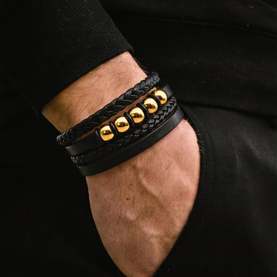 THE MEN THING Leather Bracelet GILDED ORBIT - 23mm Genuine Leather Multi-Layer Bracelet with Stainless Steel Magnetic Buckle for Men & Boys (8 inch)