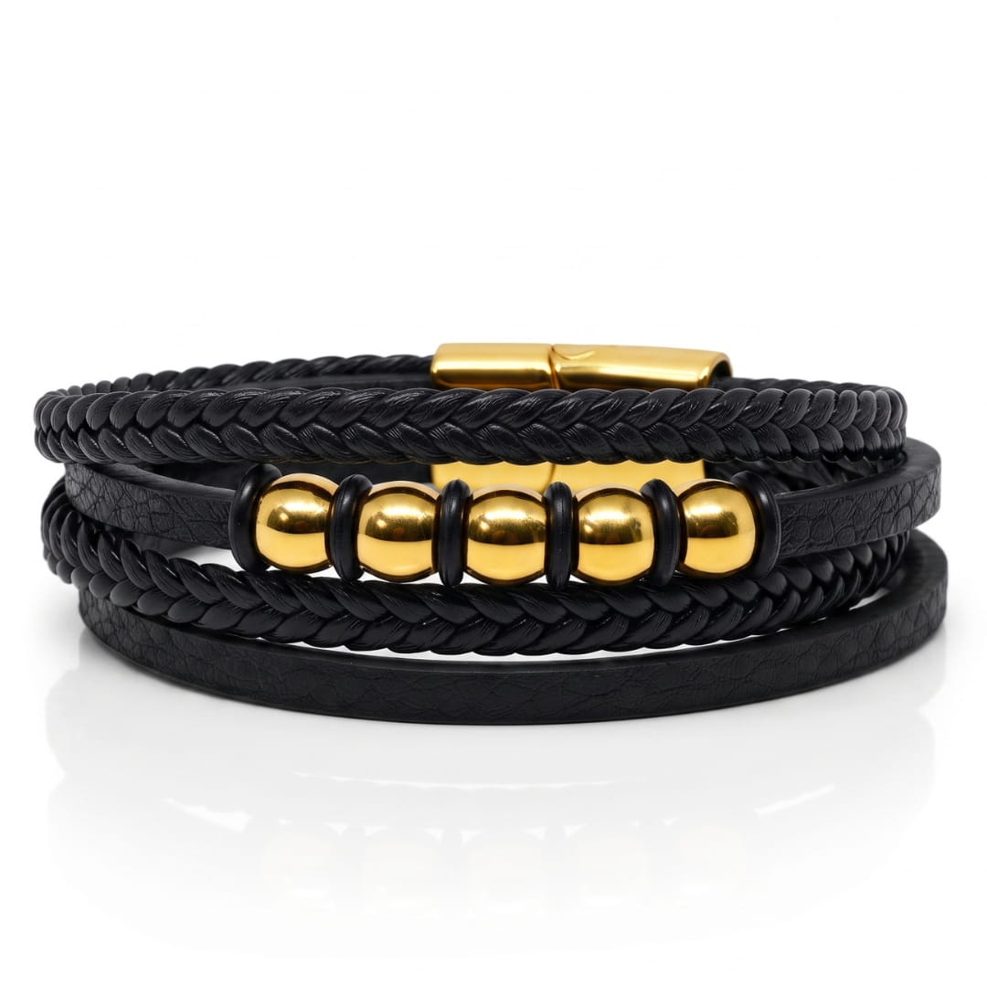 THE MEN THING Leather Bracelet GILDED ORBIT - 23mm Genuine Leather Multi-Layer Bracelet with Stainless Steel Magnetic Buckle for Men & Boys (8 inch)