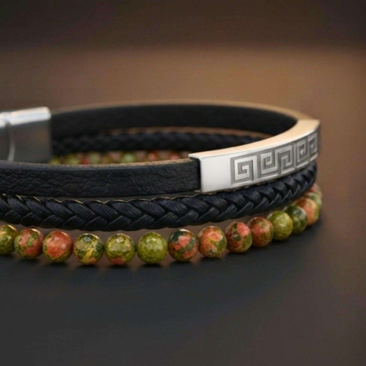 THE MEN THING Leather Bracelet GILDED SHADOW BLACK - 18mm Genuine Leather Multi-Layer Bracelet with Stainless Steel Magnetic Buckle for Men & Boys (8 inch)