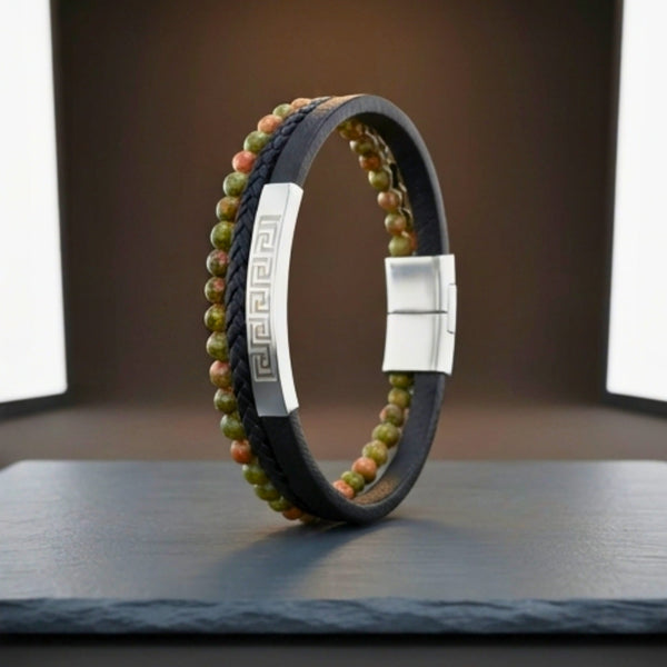 GILDED SHADOW BLACK - 18mm Genuine Leather Multi-Layer Bracelet with Stainless Steel Magnetic Buckle for Men & Boys (8 inch)