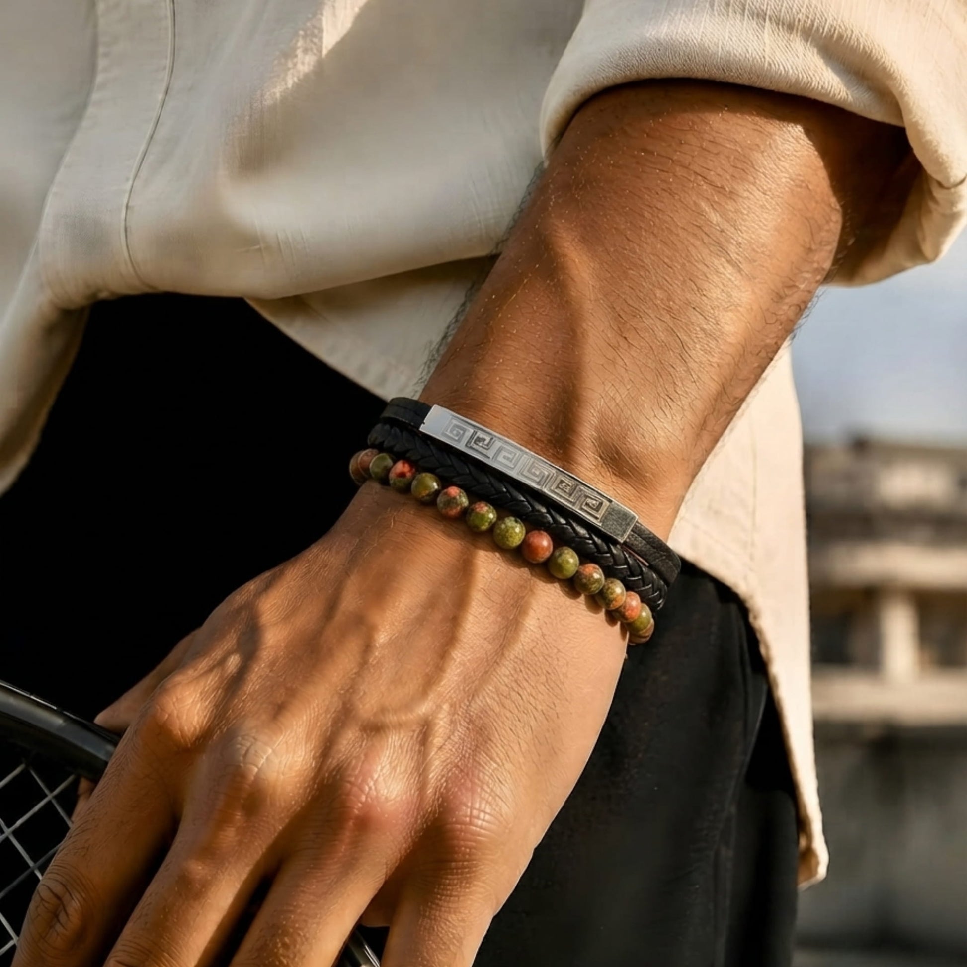 THE MEN THING Leather Bracelet GILDED SHADOW BLACK - 18mm Genuine Leather Multi-Layer Bracelet with Stainless Steel Magnetic Buckle for Men & Boys (8 inch)