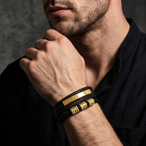 GILDED SHADOW BLACK - 25mm Genuine Leather Multi-Layer Bracelet with Stainless Steel Magnetic Buckle for Men & Boys (8 inch)