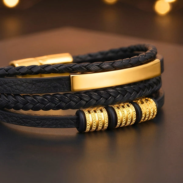 GILDED SHADOW BLACK - 25mm Genuine Leather Multi-Layer Bracelet with Stainless Steel Magnetic Buckle for Men & Boys (8 inch)