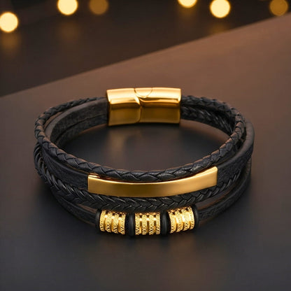 THE MEN THING Leather Bracelet GILDED SHADOW BLACK - 25mm Genuine Leather Multi-Layer Bracelet with Stainless Steel Magnetic Buckle for Men & Boys (8 inch)