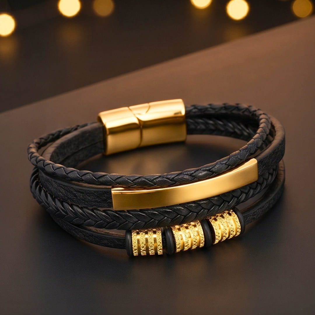 THE MEN THING Leather Bracelet GILDED SHADOW BLACK - 25mm Genuine Leather Multi-Layer Bracelet with Stainless Steel Magnetic Buckle for Men & Boys (8 inch)
