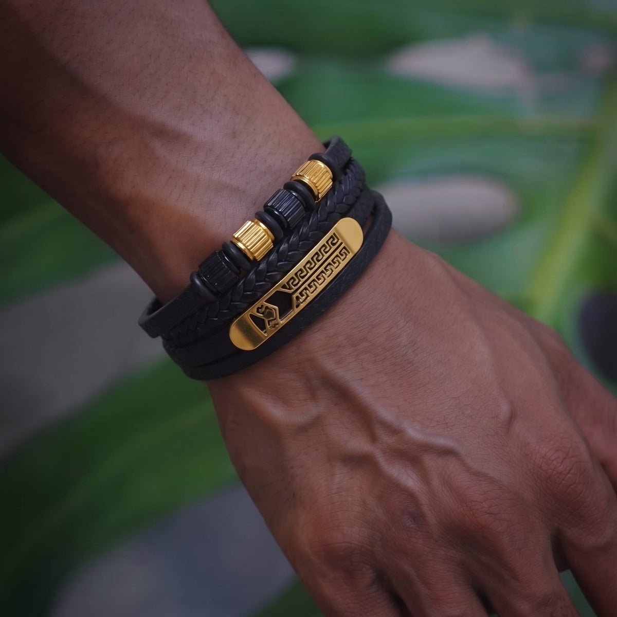 THE MEN THING Leather Bracelet GILDED SPARTAN - 27mm Genuine Leather Multi-Layer Bracelet with Stainless Steel Magnetic Buckle for Men & Boys (8 inch)