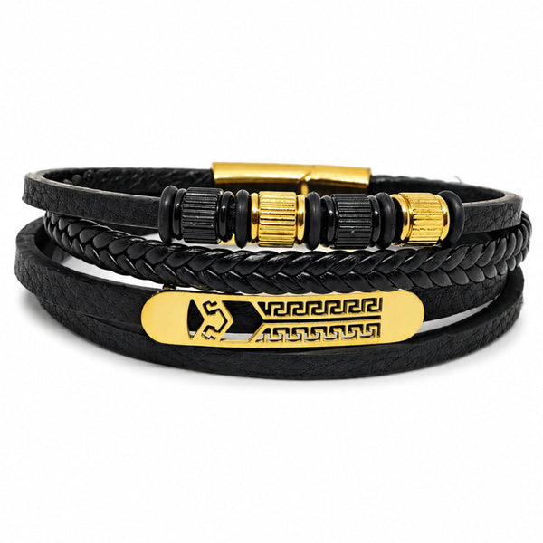 GILDED SPARTAN - 27mm Genuine Leather Multi-Layer Bracelet with Stainless Steel Magnetic Buckle for Men & Boys (8 inch)