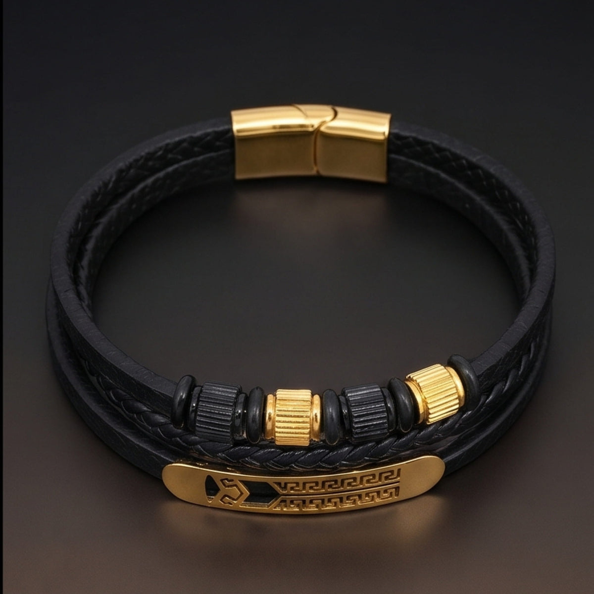 THE MEN THING Leather Bracelet GILDED SPARTAN - 27mm Genuine Leather Multi-Layer Bracelet with Stainless Steel Magnetic Buckle for Men & Boys (8 inch)