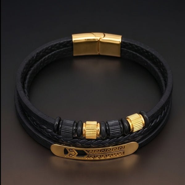 GILDED SPARTAN - 27mm Genuine Leather Multi-Layer Bracelet with Stainless Steel Magnetic Buckle for Men & Boys (8 inch)