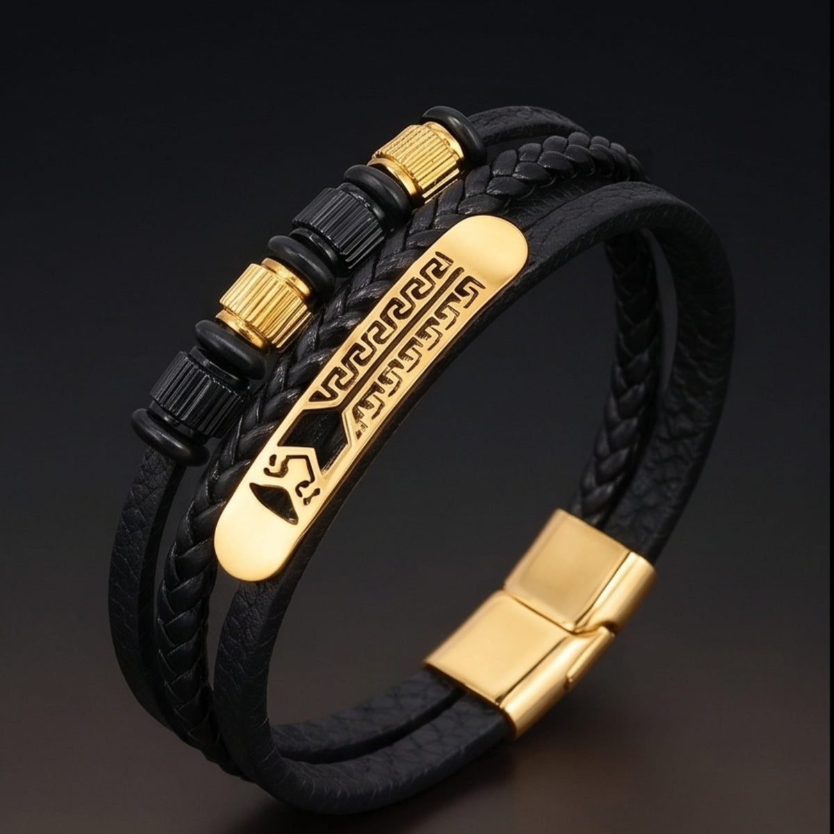 THE MEN THING Leather Bracelet GILDED SPARTAN - 27mm Genuine Leather Multi-Layer Bracelet with Stainless Steel Magnetic Buckle for Men & Boys (8 inch)