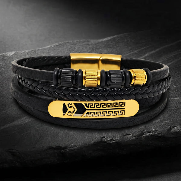 GILDED SPARTAN - 27mm Genuine Leather Multi-Layer Bracelet with Stainless Steel Magnetic Buckle for Men & Boys (8 inch)