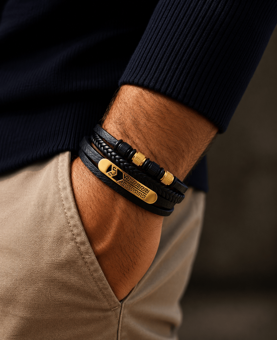 THE MEN THING Leather Bracelet GILDED SPARTAN - 27mm Genuine Leather Multi-Layer Bracelet with Stainless Steel Magnetic Buckle for Men & Boys (8 inch)