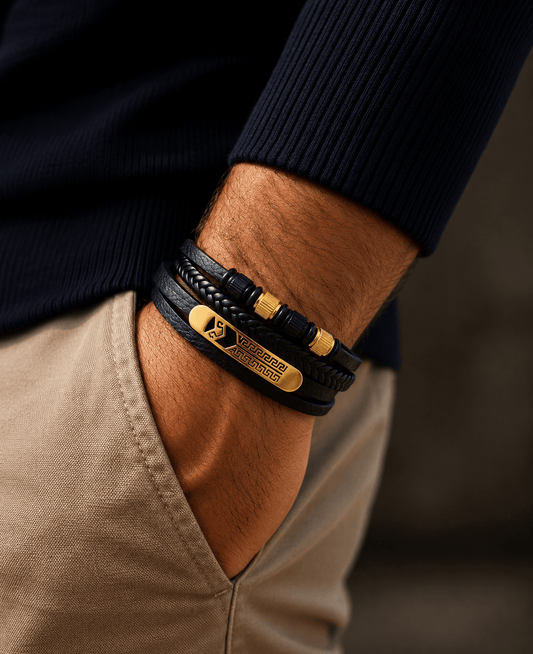 THE MEN THING Leather Bracelet GILDED SPARTAN - 27mm Genuine Leather Multi-Layer Bracelet with Stainless Steel Magnetic Buckle for Men & Boys (8 inch)