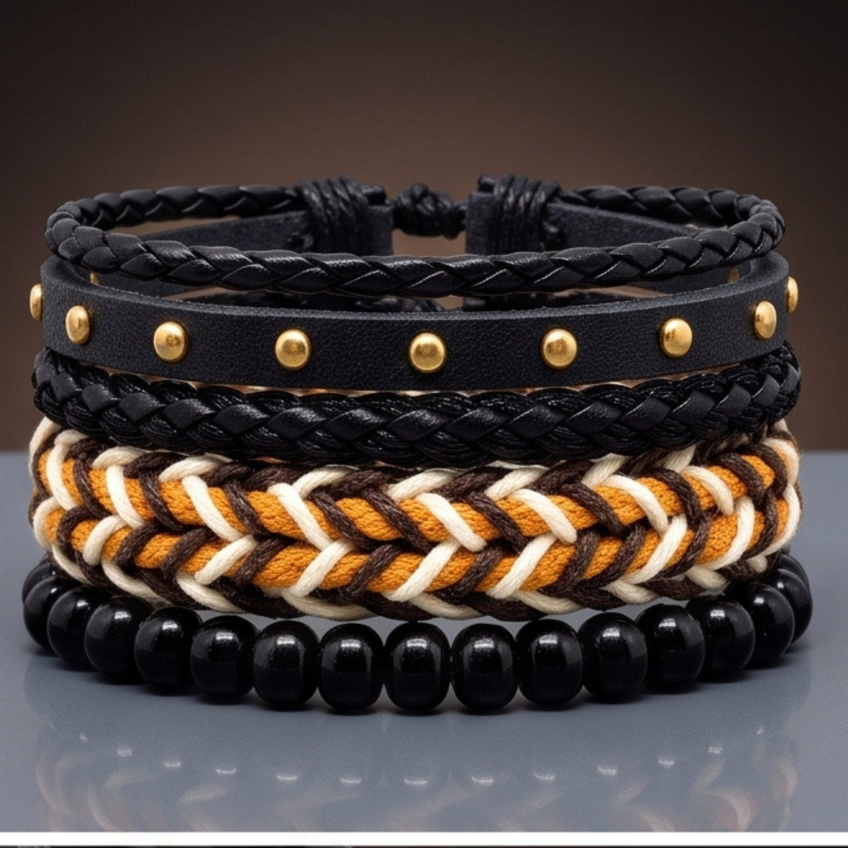 THE MEN THING Leather Bracelet GILDED TRIBAL - 4Pcs Genuine Leather Adjustable Bracelets Set for Men & Boys