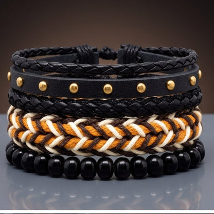 THE MEN THING Leather Bracelet GILDED TRIBAL - 4Pcs Genuine Leather Adjustable Bracelets Set for Men & Boys