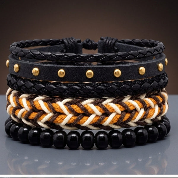 GILDED TRIBAL - 4Pcs Genuine Leather Adjustable Bracelets Set for Men & Boys