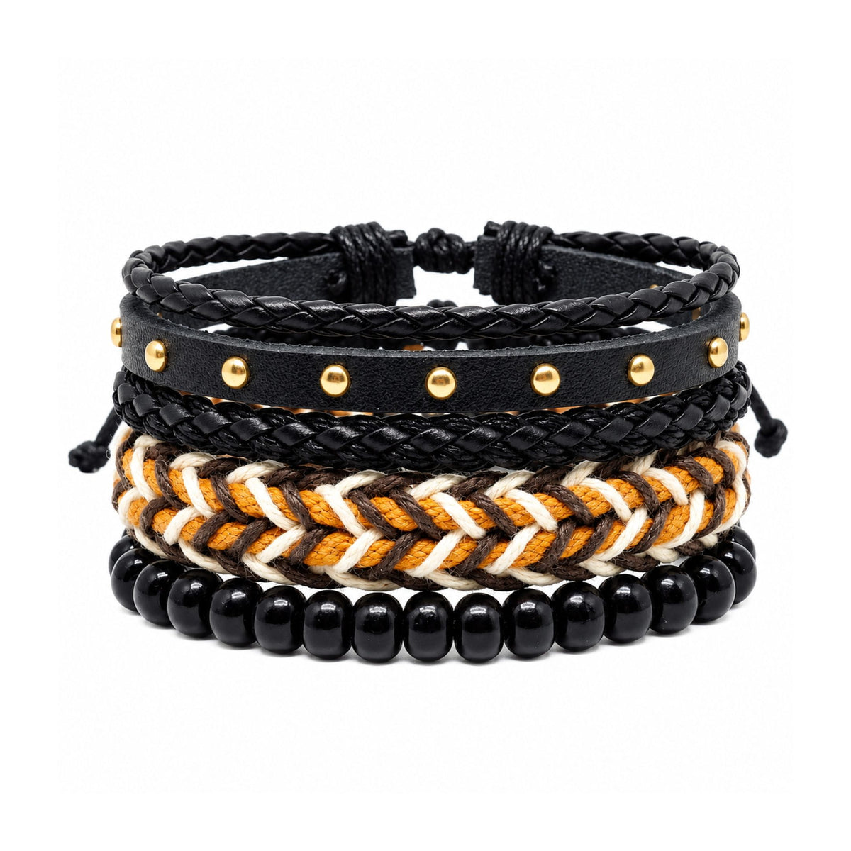 THE MEN THING Leather Bracelet GILDED TRIBAL - 4Pcs Genuine Leather Adjustable Bracelets Set for Men & Boys