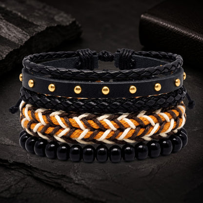 THE MEN THING Leather Bracelet GILDED TRIBAL - 4Pcs Genuine Leather Adjustable Bracelets Set for Men & Boys