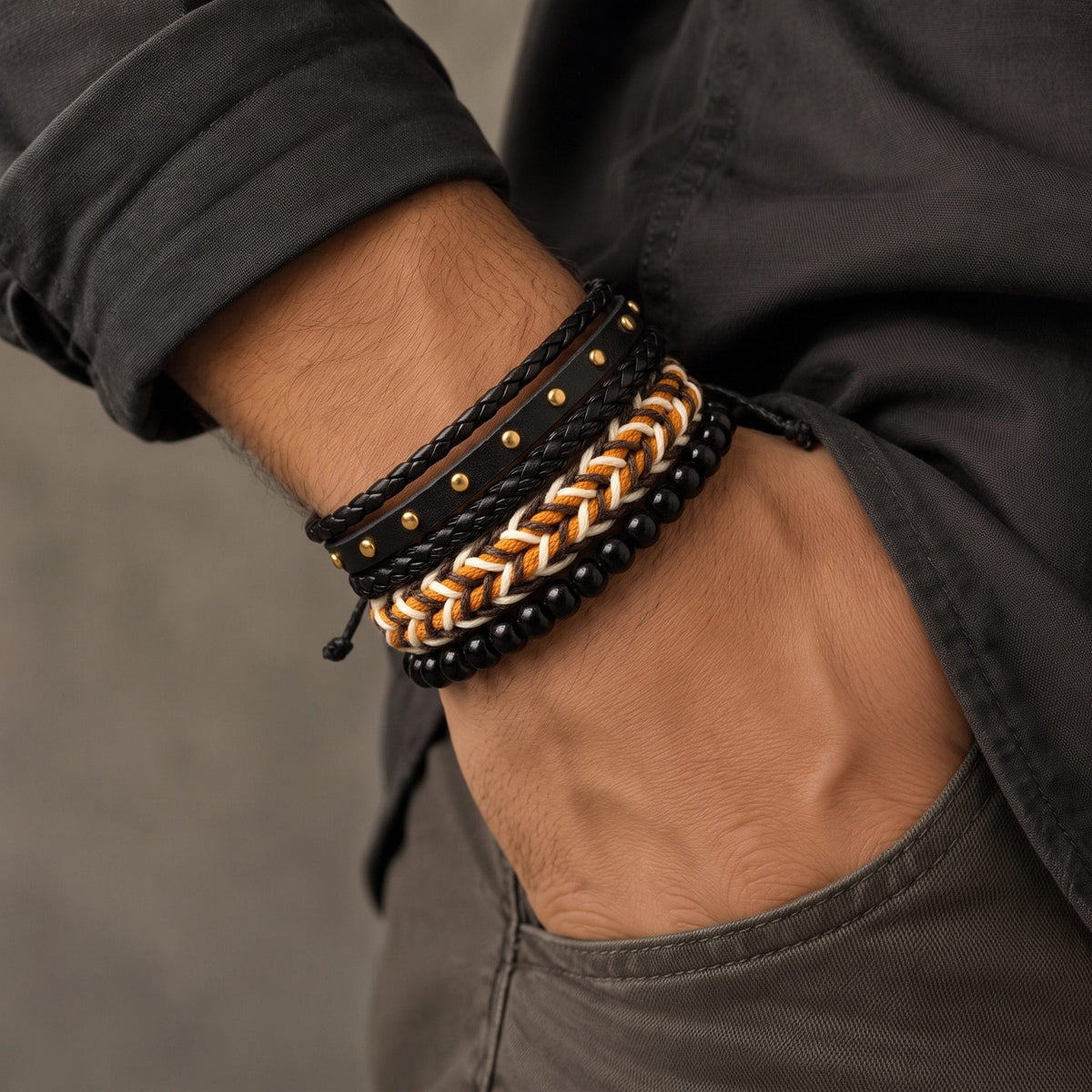 THE MEN THING Leather Bracelet GILDED TRIBAL - 4Pcs Genuine Leather Adjustable Bracelets Set for Men & Boys