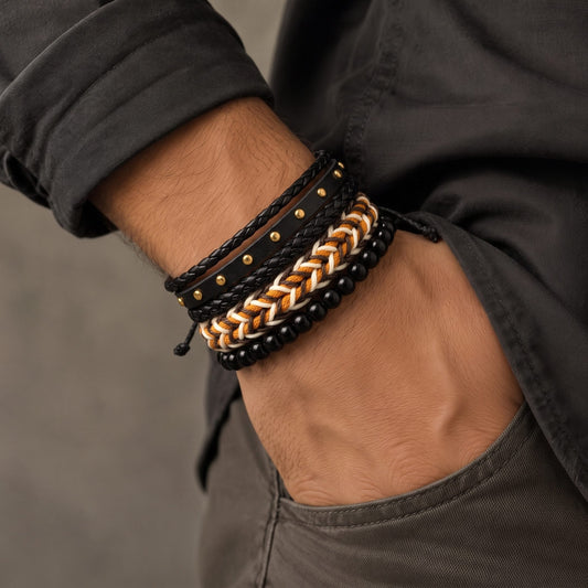 THE MEN THING Leather Bracelet GILDED TRIBAL - 4Pcs Genuine Leather Adjustable Bracelets Set for Men & Boys