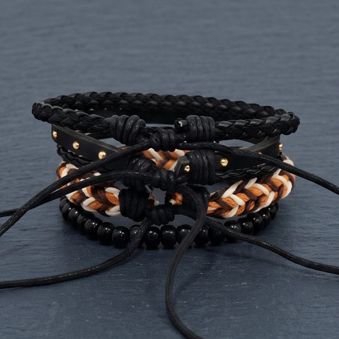 THE MEN THING Leather Bracelet GILDED TRIBAL - 4Pcs Genuine Leather Adjustable Bracelets Set for Men & Boys