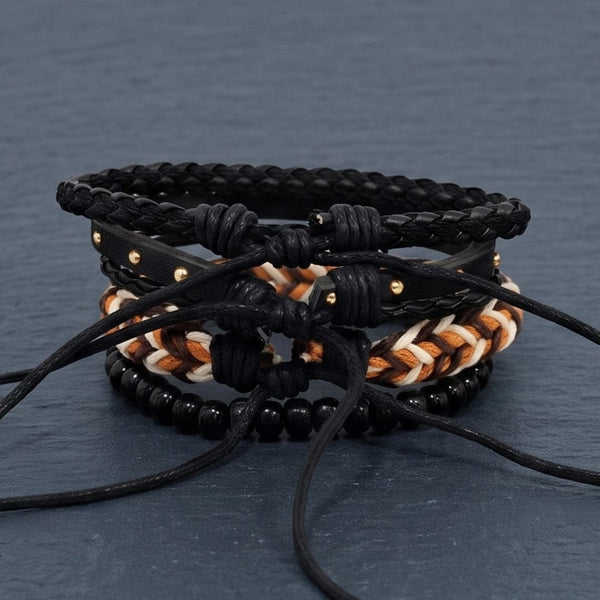 GILDED TRIBAL - 4Pcs Genuine Leather Adjustable Bracelets Set for Men & Boys