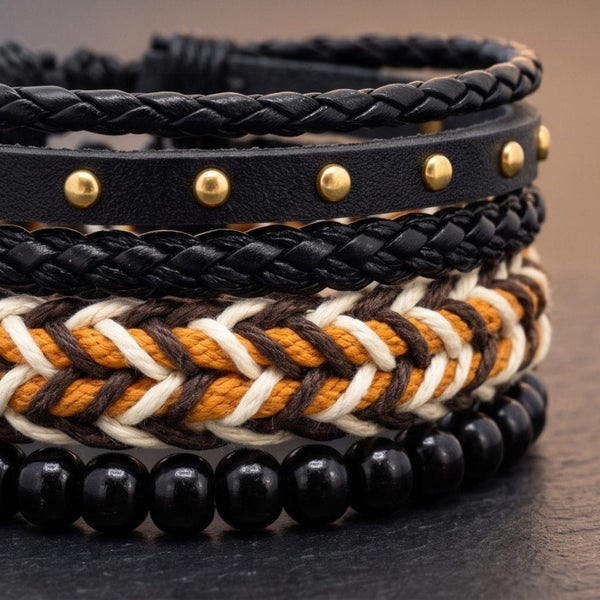 GILDED TRIBAL - 4Pcs Genuine Leather Adjustable Bracelets Set for Men & Boys